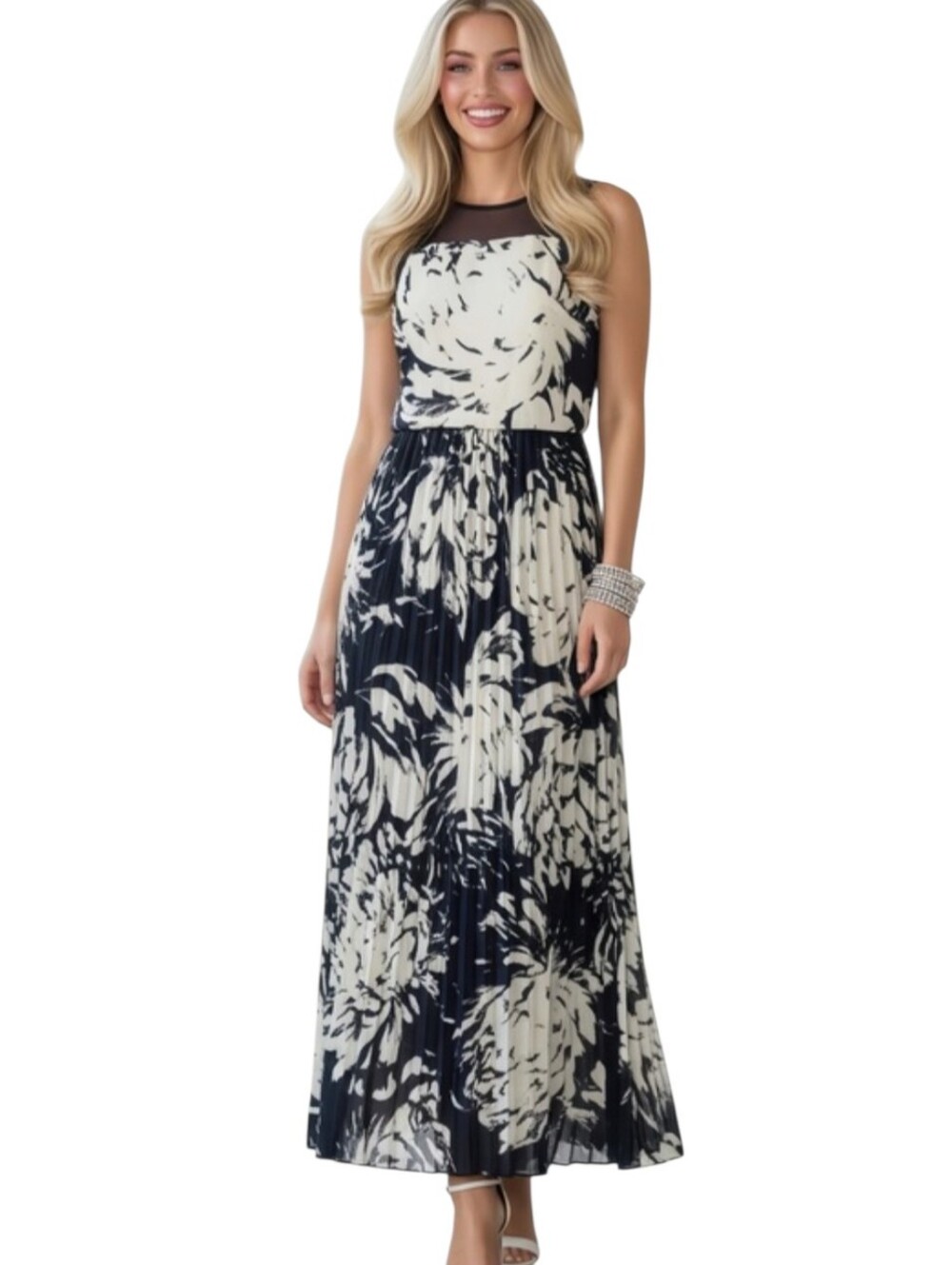 Just Taylor Blue White Pleated Maxi Dress Formal Sleeveless Sz 10 Wedding Travel